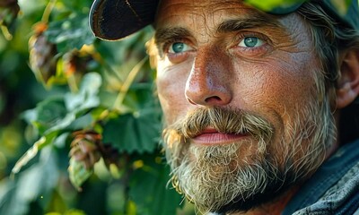 Witness the passion of a devoted farmer as he carefully tends to his lush hop plants, surrounded by nature’s beauty under a warm, golden sunset