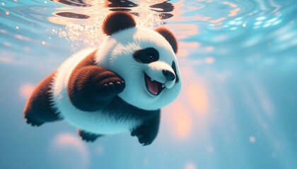 A Smiling Panda Swimming Underwater with Bubbles
