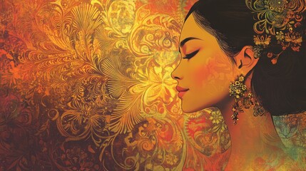 Woman's profile with floral design in yellow and orange.