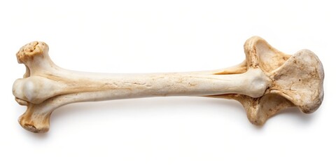 * A clear image of a human femur bone floating on a white background reveals its intricate anatomy,