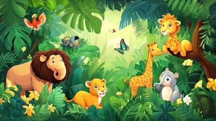 Cute cartoon animals in a lush green jungle.