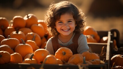 Fototapeta premium Happy smiling kid go Pumpkin picking