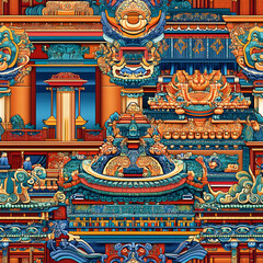 Obraz premium Chinese-inspired doodle tile seamless patterns in an illustrator graphic style