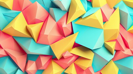 Fototapeta premium Dynamic geometric wallpaper with bold polygons in coral lemon and sky blue for spring