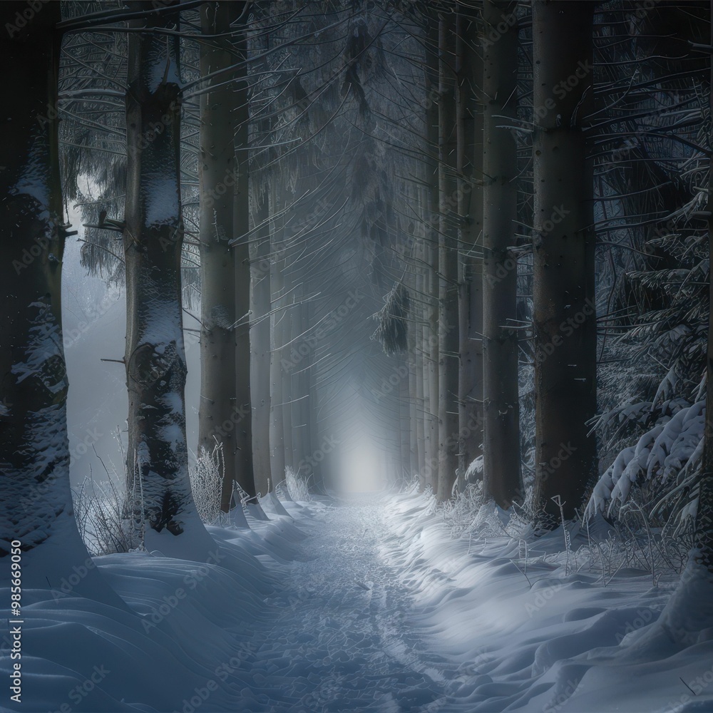 Poster a serene, snowy forest path surrounded by tall trees, creating a mystical and tranquil atmosphere.