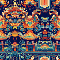 Obraz premium Chinese-inspired doodle tile seamless patterns in an illustrator graphic style