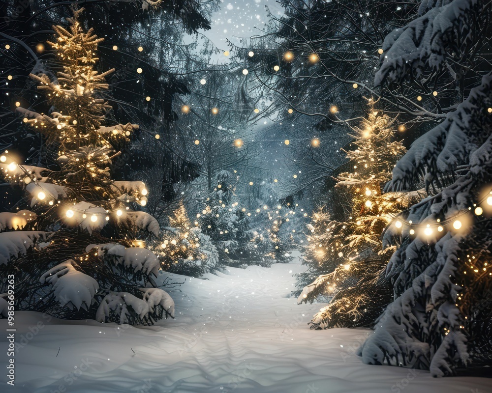 Poster a serene winter forest path illuminated by glowing lights and blanketed in snow, creating a magical 