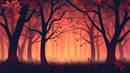 Stylized tree silhouettes in rich browns against a warm orange-to-pink sky