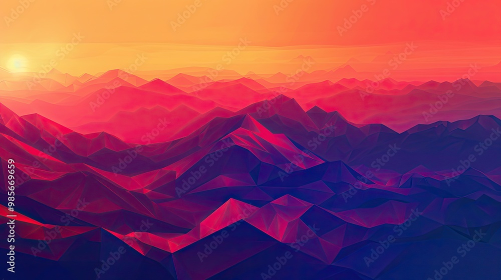 Canvas Prints Geometric mountains in deep autumn tones over a gradient from orange to twilight blue