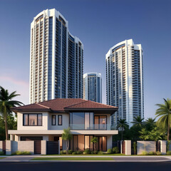 3D rendering Residential house facing skyscrapers