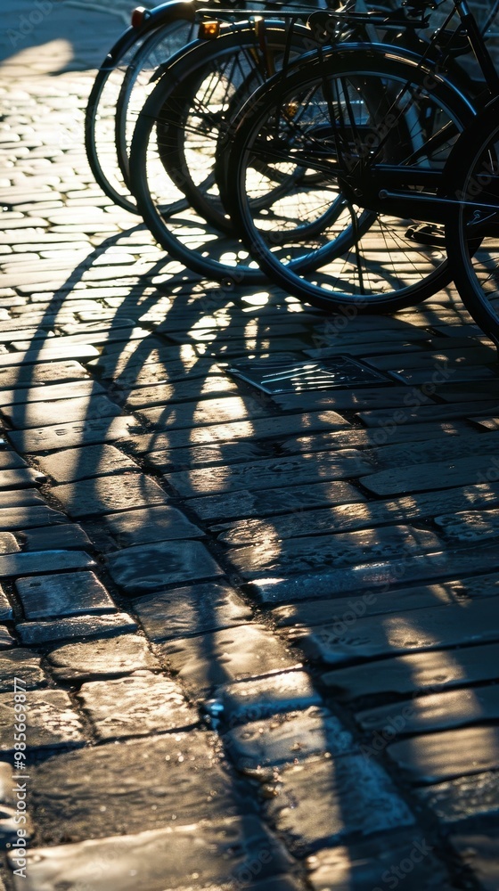 Poster shadows of bicycles cast on cobblestone pavement, creating a visually striking contrast of light and