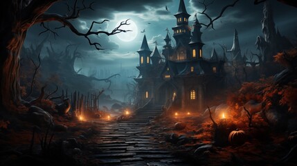 Haunted house, pumpkin patch at night by full moon light