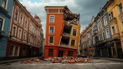 Dramatic shot of buildings collapsing as the ground shakes violently during an earthquake, symbolizing the suddenness of the disaster Building collapse, Earthquake destruction