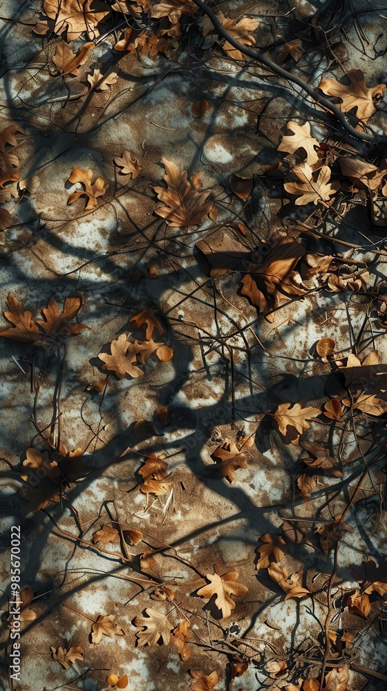 Poster a close-up of autumn leaves and branches casting shadows on a textured surface, showcasing rich brow