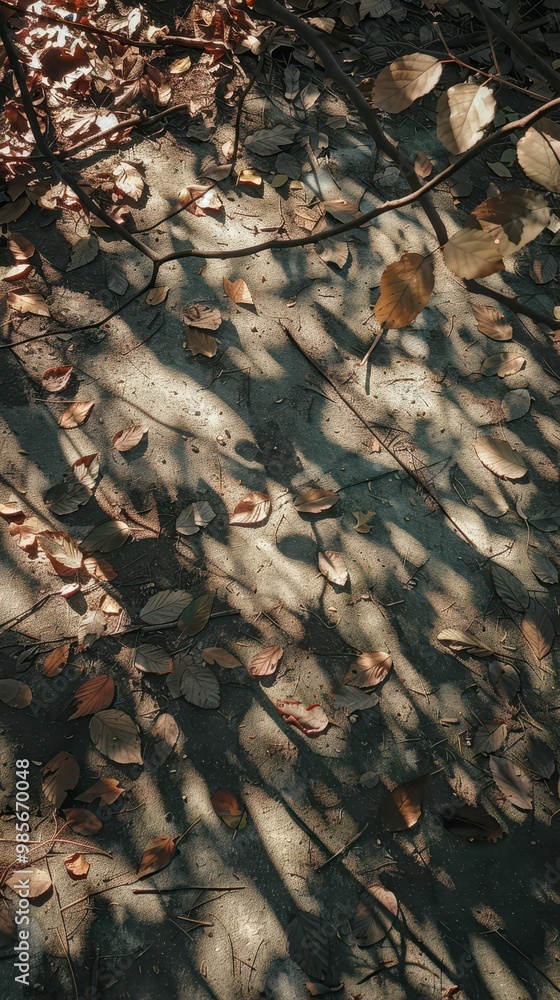 Poster a pattern of shadows cast by branches and leaves on a sandy surface, creating an earthy, nature-insp