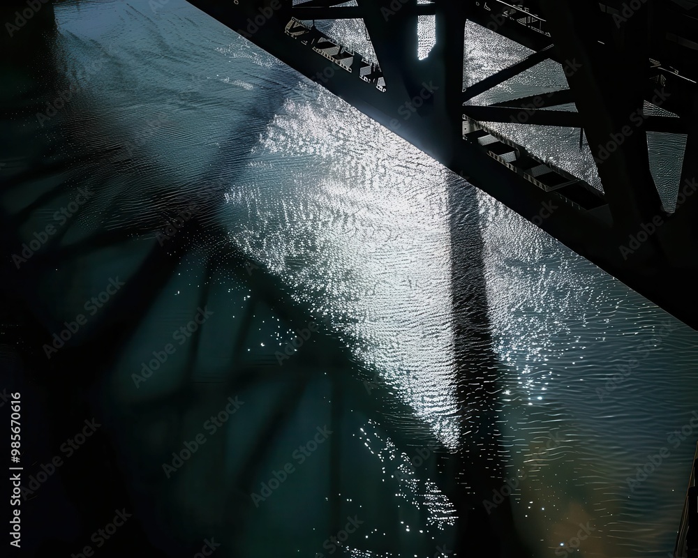 Poster a shimmering river reflects light beneath a bridge, showcasing intricate patterns formed by shadows 