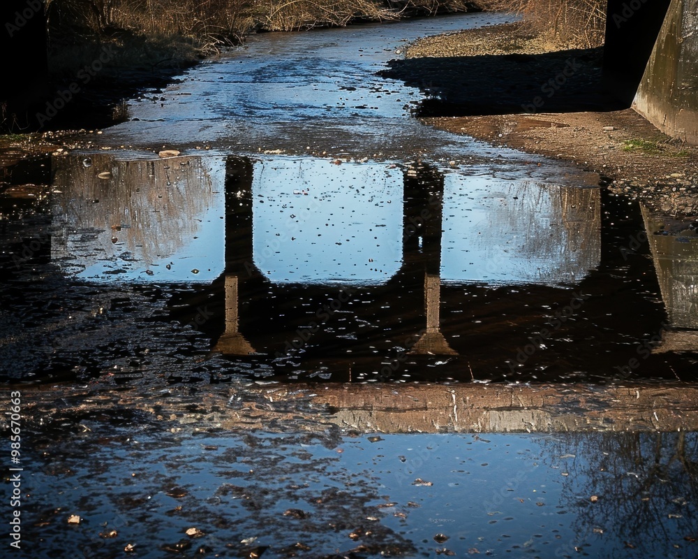 Poster a serene reflection of structures in a puddle, showcasing a tranquil landscape with autumn leaves sc