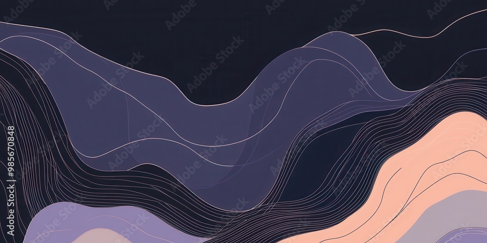 Poster abstract waves in soft colors with flowing lines on a dark background.