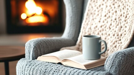 A cozy reading corner featuring a gray mug and an open book on a knitted chair, with a warm fireplace glowing in the background.