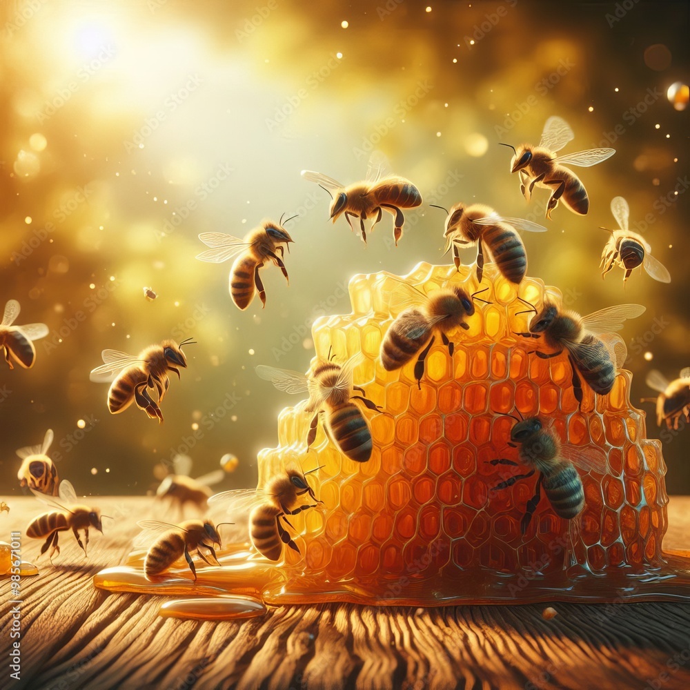 Poster a dynamic scene of bees swarming around a honeycomb structure on a wooden surface, bathed in golden 