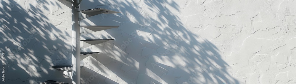 Poster a vertical arrangement of objects casting interesting shadows on a textured white wall, combining el