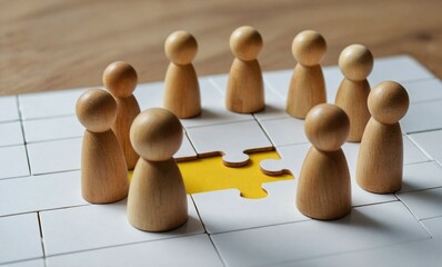A group of wooden figures stand on a white jigsaw puzzle with one piece missing, revealing a yellow space below. The figures gather around the gap, symbolizing teamwork, problem-solving, and collabora
