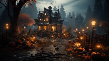 House decorated for Halloween with pumpkins and webs, witches and ghosts