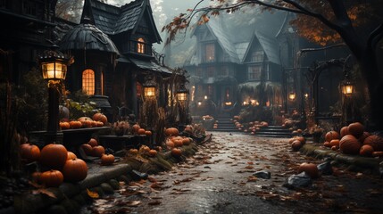 Obraz premium House decorated for Halloween with pumpkins and webs, witches and ghosts