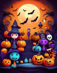 Halloween background with pumpkins and haunted house. Vector illustration.