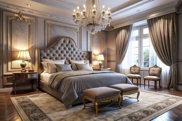 * A lavish bedroom features a plush headboard, billowy curtains, and a sparkling chandelier, exuding refinement and
