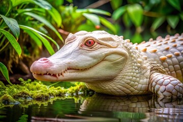 Obraz premium Albino alligator with white scales and red eyes basking in a swamp with lush vegetation