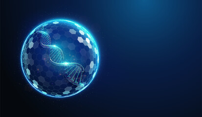 Abstract illustration of human dna helix protected by shield barrier made of glowing neon particles. Blue geometric background depicting human genome health care medical concept