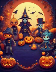 Halloween background with pumpkins and haunted house. Vector illustration.