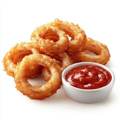 Delicious golden-brown onion ring served with a side of tangy ketchup, perfect for snacking or as a tasty appetizer, white background