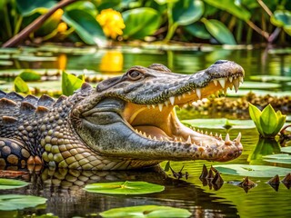 Obraz premium * A lethargic crocodile reclines in the swamp, its open jaws suspended among the lush foliage and lush
