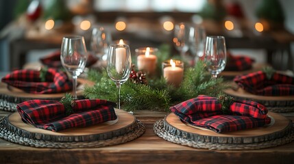 A charming rustic Christmas table featuring buffalo plaid napkins, wooden chargers, and simple greenery accents, soft warm candlelight enhancing the festive decor, cozy and inviting atmosphere,