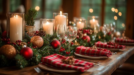 A charming vintage Christmas table with red plaid napkins, retro decorations, and antique glassware, candlelight flickering softly, old-fashioned holiday feel, cozy and nostalgic setting, hd quality,