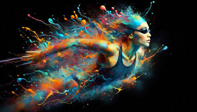 Artistic representation of a female swimmer in motion, captured with vibrant paint splashes that convey the dynamic flow and strength of the sport against a dark background