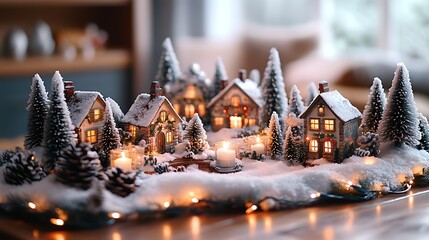 A Christmas table decorated with a snowy village centerpiece, tiny snow-covered houses, frosted trees, and twinkling lights, candlelight softly glowing, creating a magical and festive winter scene,