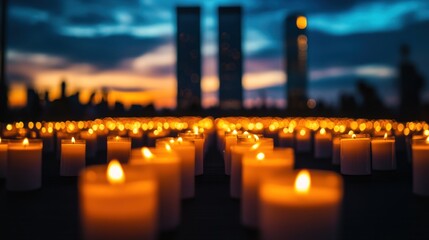 Rows of burning candles against a blurred city skyline at sunset.