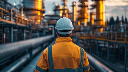 Rear view of engineer worker in uniform and hard hat against background of pipeline and pipe rack of oil industrial plant.
