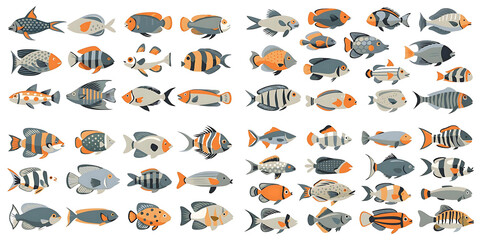 Illustration set of exotic fish white background