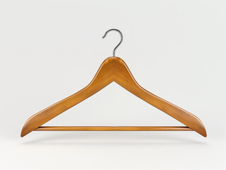 A classic wooden clothes hanger with a curved shape and a metal hook, perfect for showcasing your favorite garments.