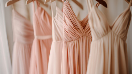 A colorful array of bridesmaid dresses hanging on a rack, perfect for bridal boutiques and wedding planners.