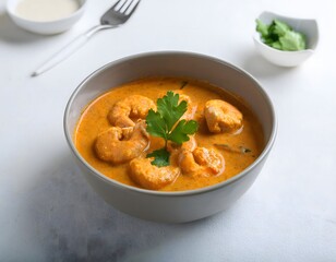 A bowl of shrimp curry in coconut milk, garnished with cilantro, served on a white table