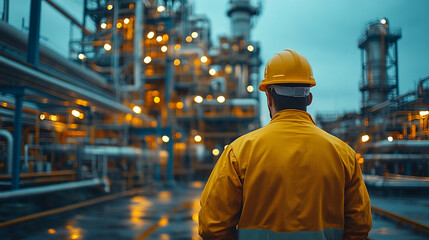 Rear view of engineer worker in uniform and hard hat against background of pipeline and pipe rack of oil industrial plant.