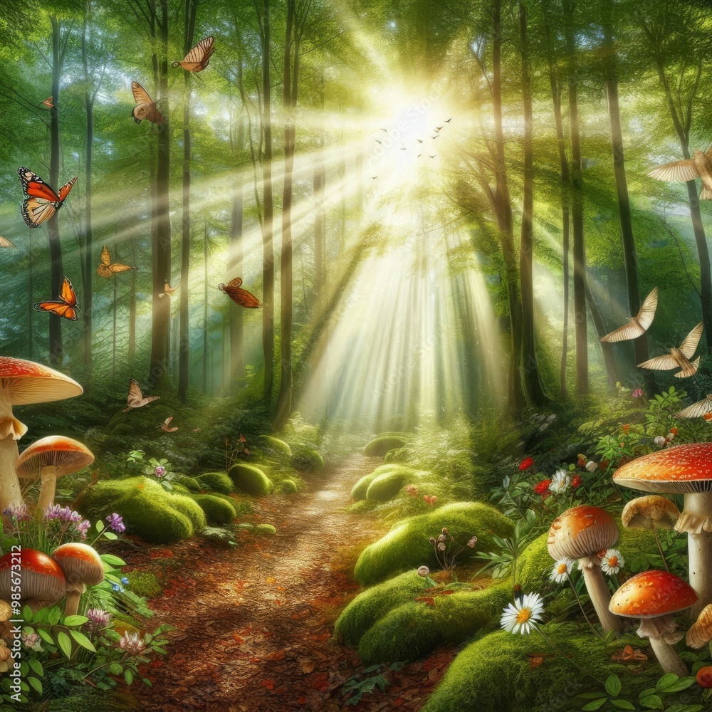 Poster A lush forest illuminated by golden sunbeams cutting through the tree canopy. Mushrooms line the moss-covered path while butterflies flutter through the air, creating a serene and enchanting scene