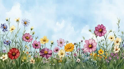 Naklejka premium Watercolor Painting of Colorful Wildflowers Against a Blue Sky.