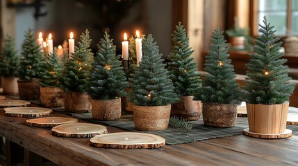 A cozy Christmas table with mini Christmas trees in rustic pots, wood slice placemats, and soft glowing candlelight, natural elements bringing warmth and charm to the holiday setting, hd quality,