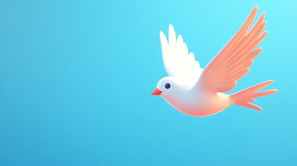 A white dove with pink wings flies in a bright blue sky.